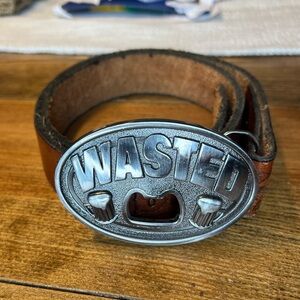 Vintage Leather Belt with Silver 'WASTED' Buckle